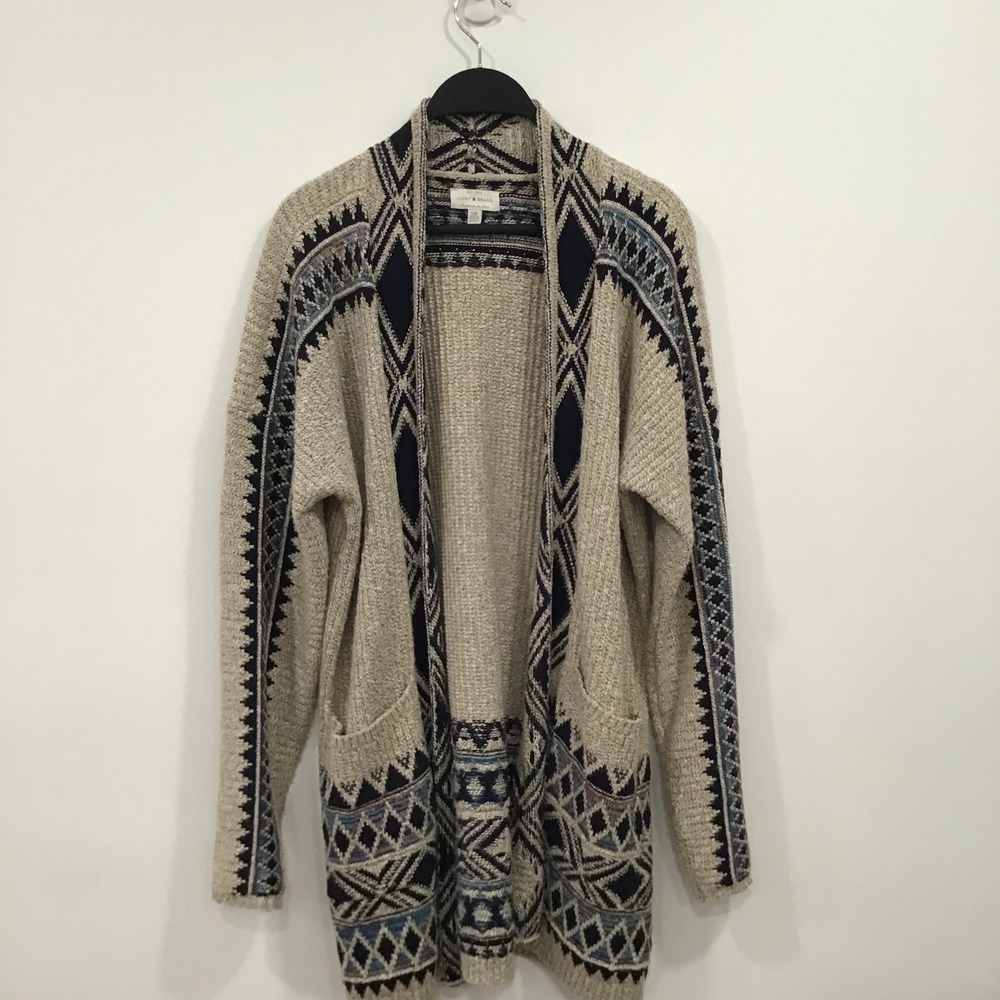 Lucky Brand Open Front Cardigan Sweater with Pockets size Large Cream and Navy